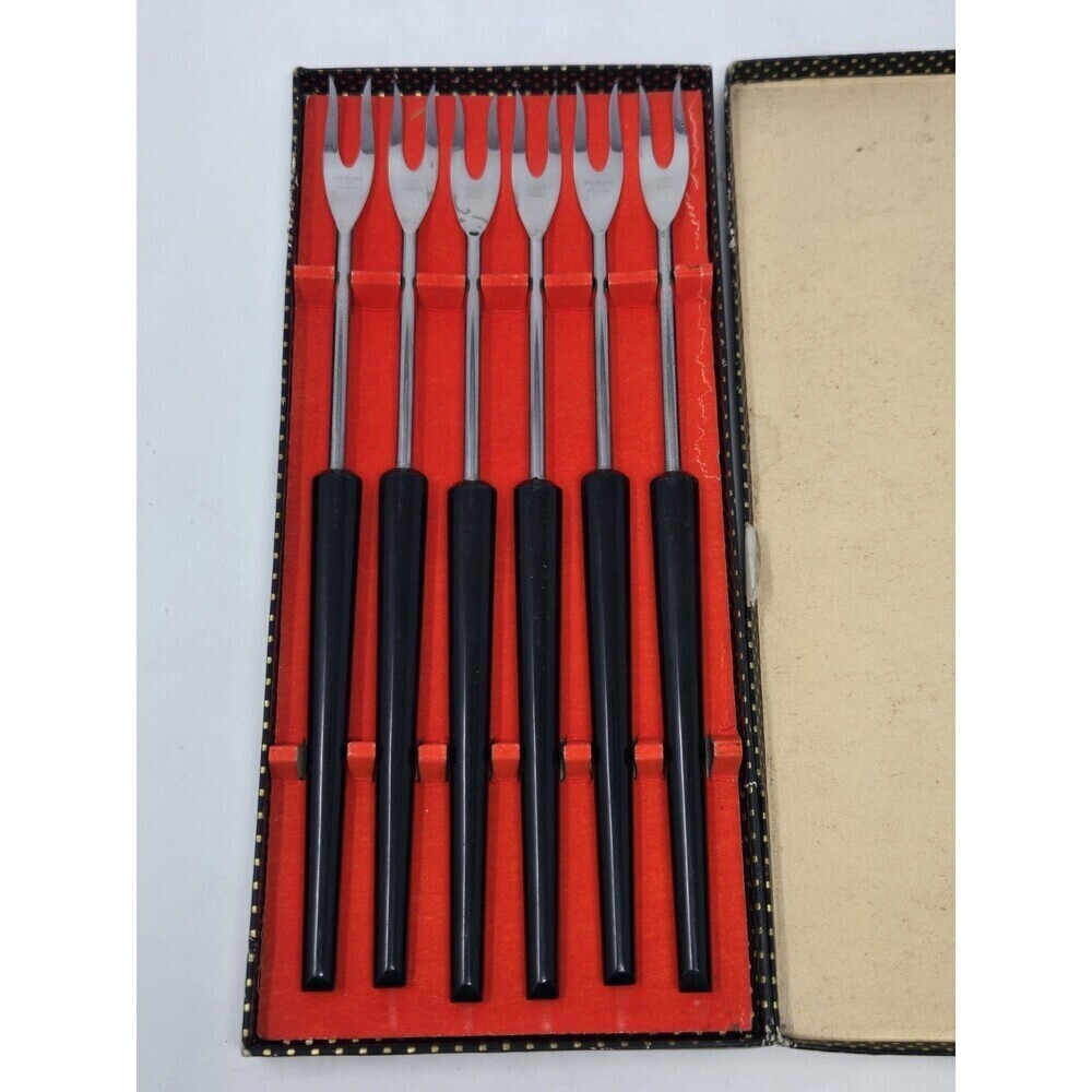 VINTAGE STAINLESS STEEL BLACK HANDLE FONDUE FORKS SET OF 6 WITH BOX FRANCE MCM - Picture 3 of 16